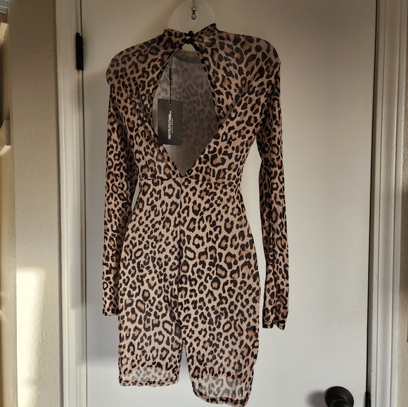 Prettylittlething Tan Leopard Print Sheer Mesh Unitard Jumpsuit - Picture 6 of 10